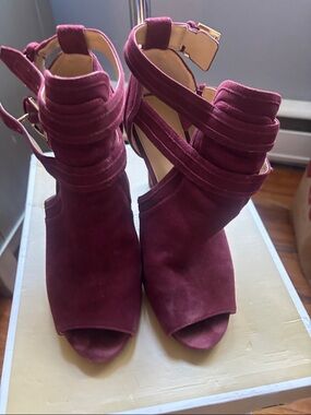 Michael Kors Burgundy Suede Strappy Peep-Toe Heels